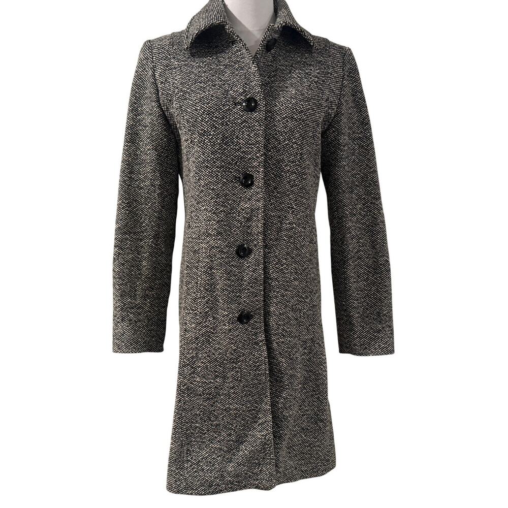 Jones New York Women Wool Blend Long Coat 8 Black White Tweed Button Front Chic
